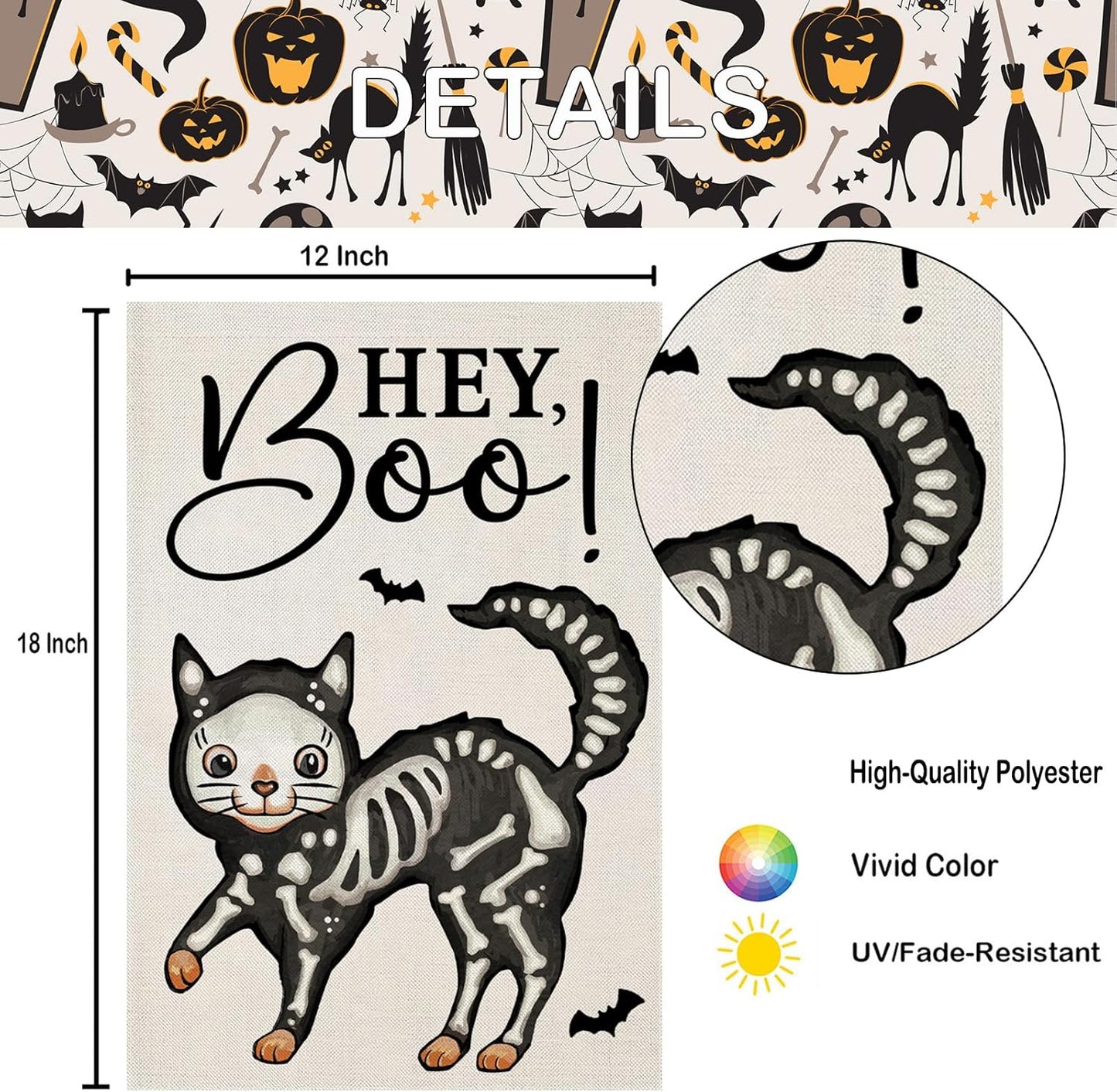 Halloween Garden Flags for outside Decoration, Spooky Boo HEY Skeleton Cat Small Yard Flag for Outdoor Seasonal Decor 12X18 Inch Vertical Double Sided