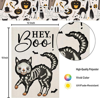 Halloween Garden Flags for outside Decoration, Spooky Boo HEY Skeleton Cat Small Yard Flag for Outdoor Seasonal Decor 12X18 Inch Vertical Double Sided