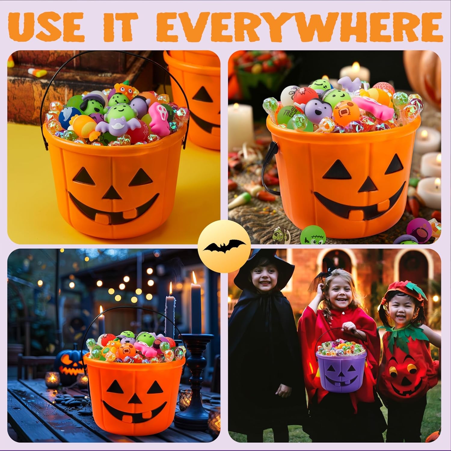 Halloween Trick or Treat Pumpkin Bucket, Orange Plastic Candy Bucket for Trick or Treating, Black Purple Jack O Lantern Basket and Pails with Handle for Kids Halloween Party Favor Supplies