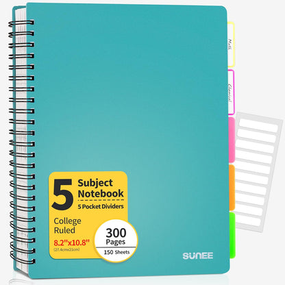 5 Subject Notebook College Ruled - 300 Pages, 8.2"X10.8", 5 Pocket Colored Dividers, 3-Hole Punched Paper, Pink