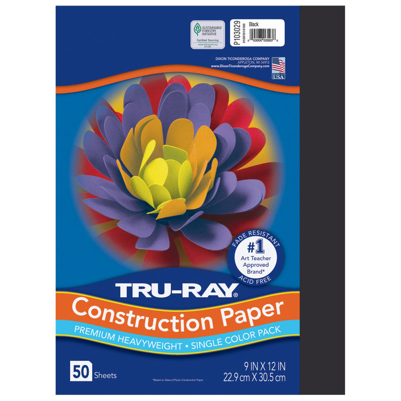 Construction Paper, Heavyweight, Black, 9" x 12", 50 Sheets