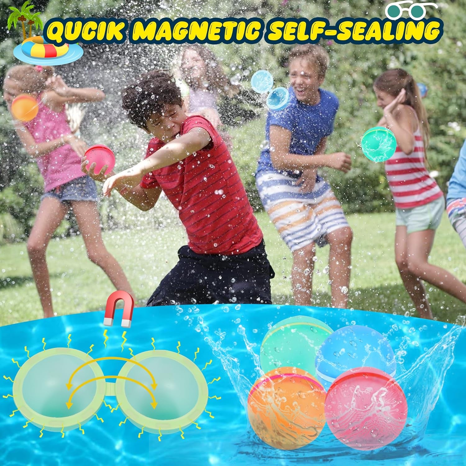 16Pcs Reusable Water Balloons - Quick Fill Water Balls Toys for Kids Age 4-12 - Refillable Magnetic Self-Sealing Water Splash Bomb for Party Outdoor Summer Pool Beach Toys