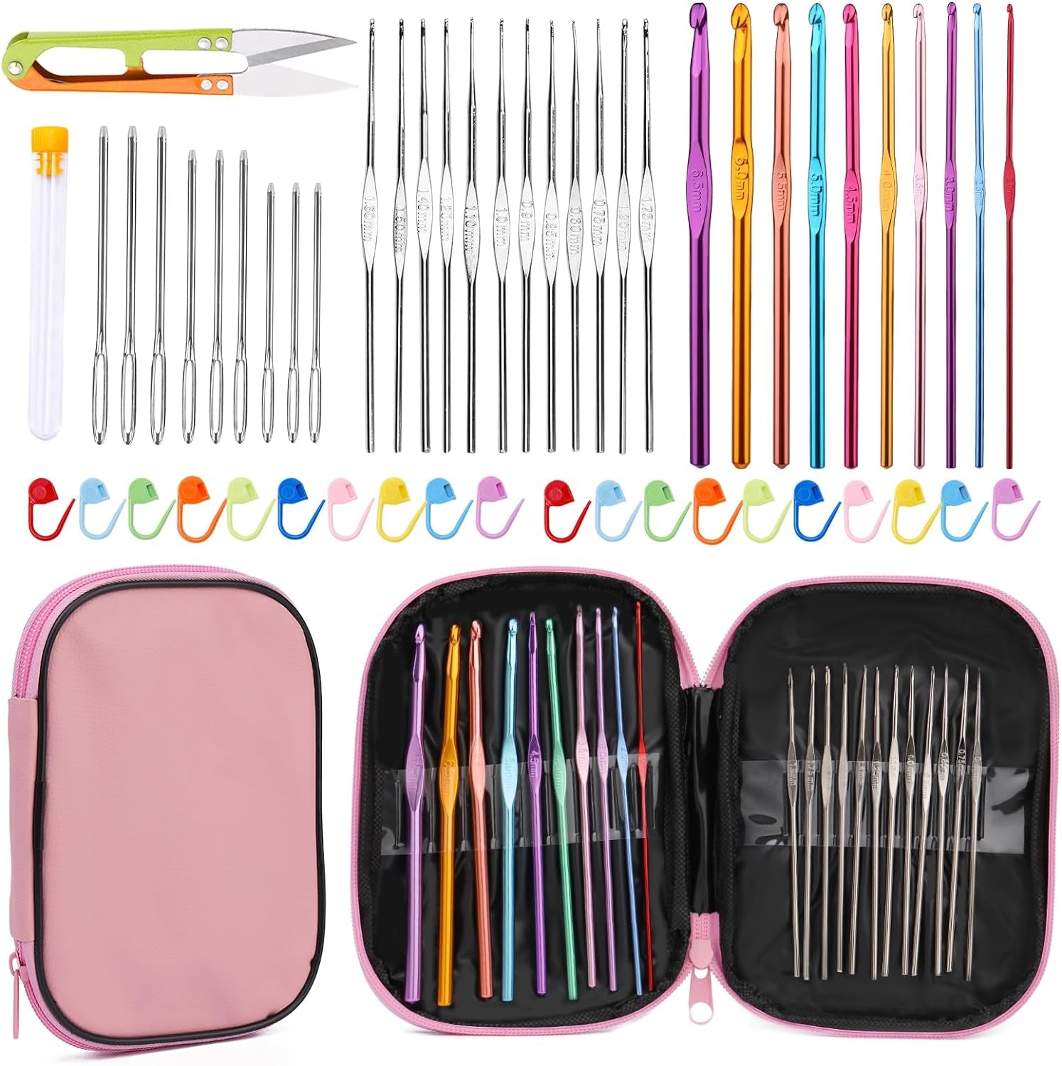 54 Pcs Crochet Needles Set, Crochet Hooks Kit with Storage Case, Ergonomic Knitting Needles Blunt Needles Stitch Marker DIY Hand Knitting Craft Art Tools for Beginners