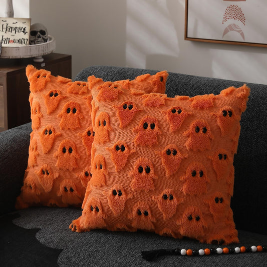 Halloween Pillow Covers 18X18 Inch Set of 2 Orange Ghost Throw Pillow Cases Soft Plush Faux Fur Wool Couch Cushion Case for Chair Sofa Bedroom Living Room Home Decor PTK03C18