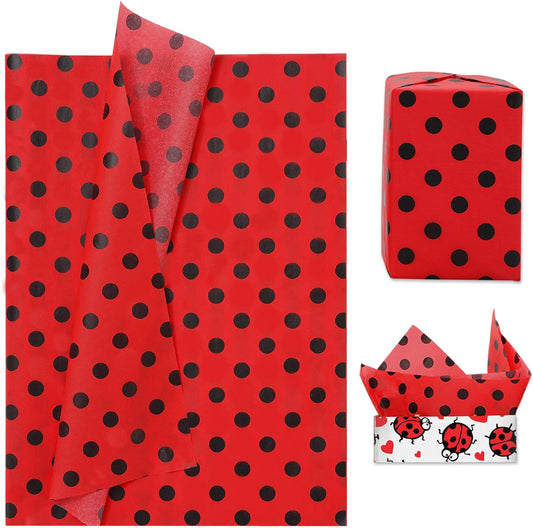 100 Pcs Polka Dot Tissue Paper Bulk Ladybug Gift Wrapping Paper Red Black Packaging Paper DIY Art Craft Paper for Baby Shower Wedding Birthday Party Decor, 14 X 20 Inch