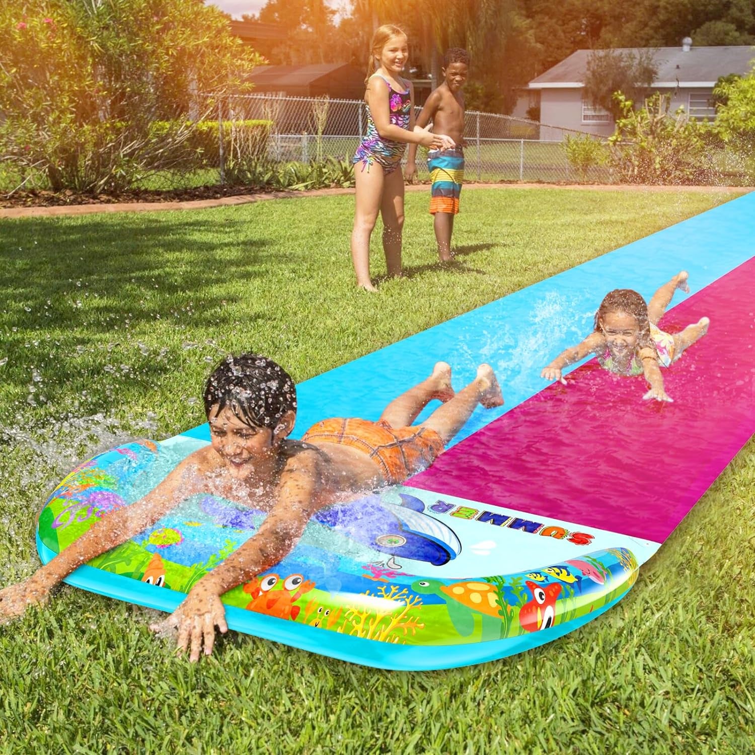 36FT X 6.56FT Extra Long Double Lawn Water Slide for Kids Adults, XXXL Heavy Duty Outdoor Water Slip with Sprinkler N 2 Bodyboards, Backyard Summer Water Slip Toy with Crash Pad