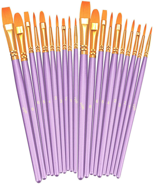 Paint Brushes Set, 2 Pack 20 Pcs round Pointed Tip Paintbrushes Nylon Hair Artist Acrylic Paint Brushes for Acrylic Oil Watercolor, Face Nail Art, Miniature Detailing & Rock Painting, Purple
