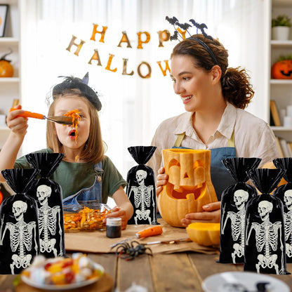 150Pcs Halloween Cellophane Gift Bags with 200Pcs Twist Ties Funny Skeleton Party Favor Bags Candy Goodie Treat Bags for Trick or Treat Birthday Party Supplies