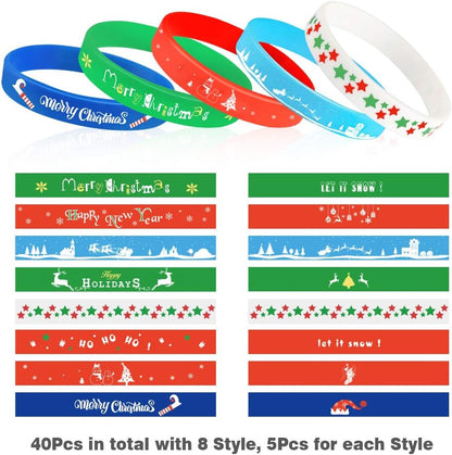 40PCS Christmas Silicone Bracelets, Xmas Rubber Wristbands Accessories Gift for Kids Adults Stocking Stuffers, New Year Holiday Decoration Wrist Band Party Supplies Favors