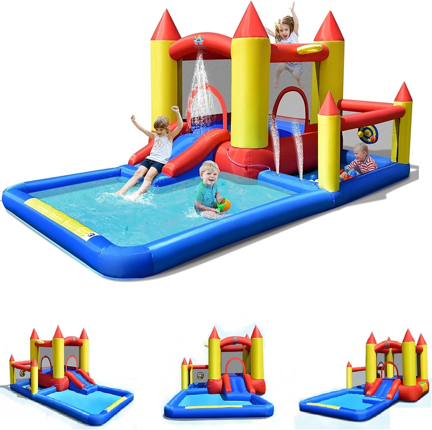 Inflatable Water Slide, Bounce House Water Slide with Ball Pit for Kids Backyard Fun W/735W Blower, Blow up Jump Bouncy Castle Water Slides Inflatables for Kids Boys Girls Outdoor Party Gifts