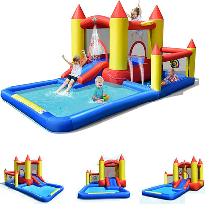 Inflatable Water Slide, Bounce House Water Slide with Ball Pit for Kids Backyard Fun W/735W Blower, Blow up Jump Bouncy Castle Water Slides Inflatables for Kids Boys Girls Outdoor Party Gifts