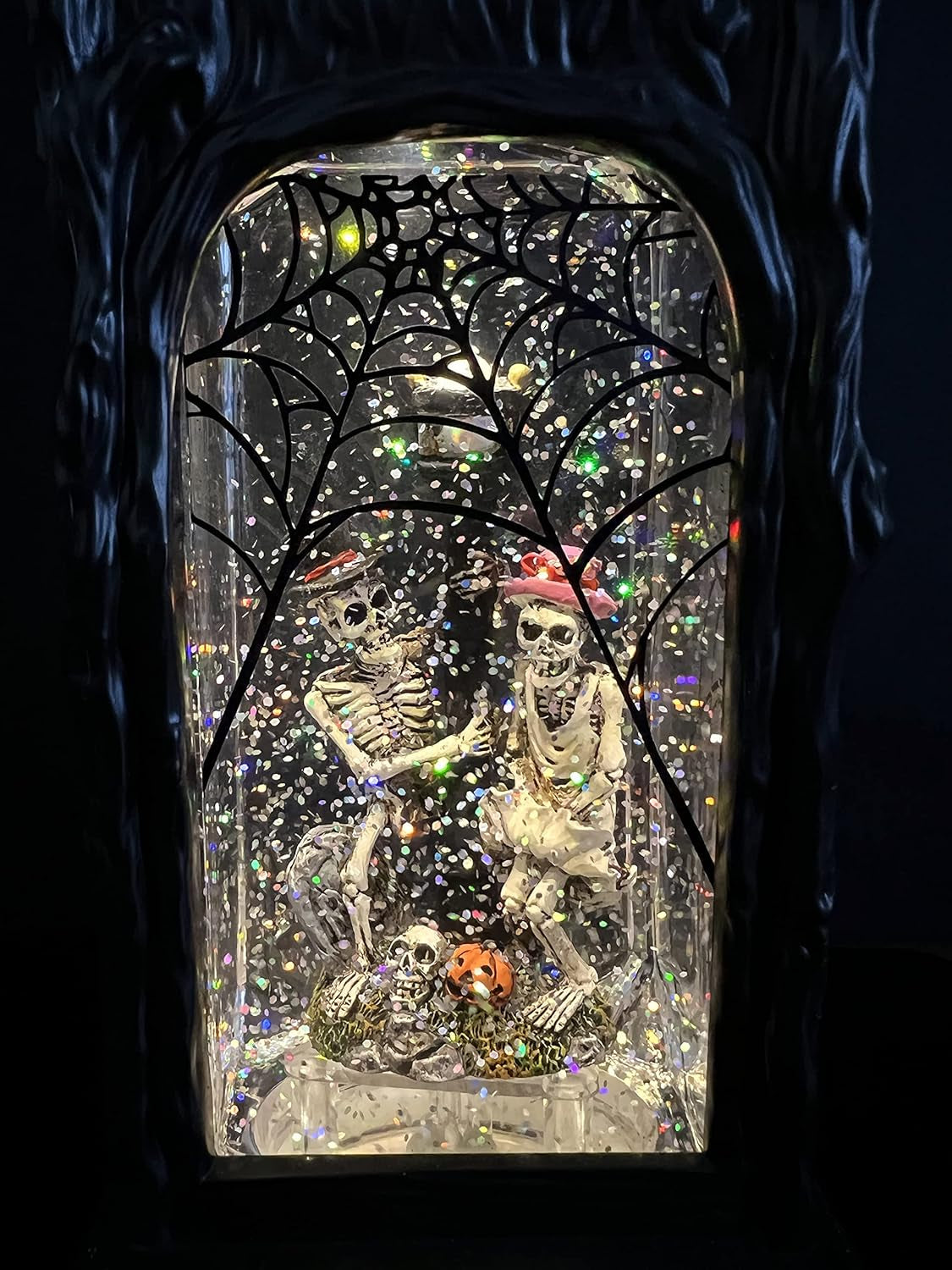 Halloween Skeleton Snow Globe Lantern Ghost Projection Lamp with 6 Hour Timer, Battery Operated & USB Powered LED Spinning Water Glittering Globe Halloween Decoration Parties(11”, 3AA)
