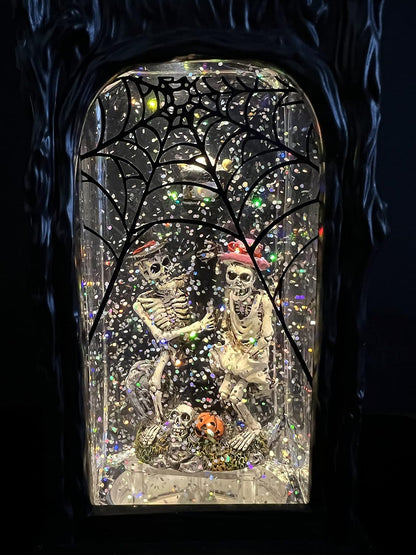 Halloween Skeleton Snow Globe Lantern Ghost Projection Lamp with 6 Hour Timer, Battery Operated & USB Powered LED Spinning Water Glittering Globe Halloween Decoration Parties(11”, 3AA)