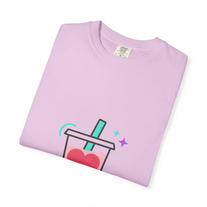 Boba Tea Heart Love Graphic | Garment-Dyed Unisex Tee, Soft Cotton | Valentine & Galentine Gift for Couples & Friends | Y2K Aesthetic