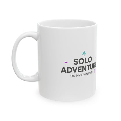 Solo Adventures > Settling | 11oz Ceramic Coffee Mug for Self-Love | Galentine’s & Friend Gift | Minimal Mountain Y2K Valentine