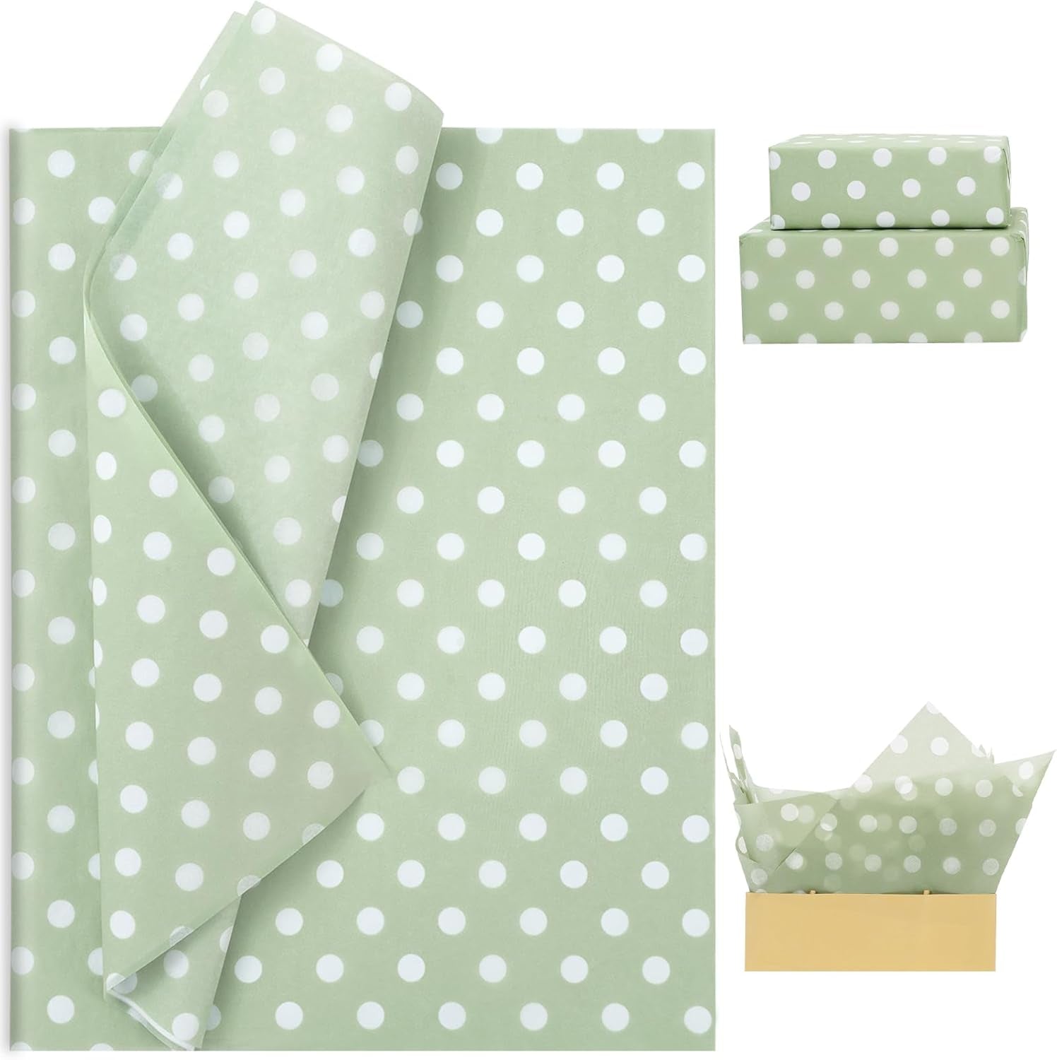 100 Sheets Polka Dot Tissue Paper Sage Green White Gift Wrapping Paper Art Craft Paper for DIY Crafts Wedding Birthday Baby Shower Party Decorations, 14 X 20 Inch