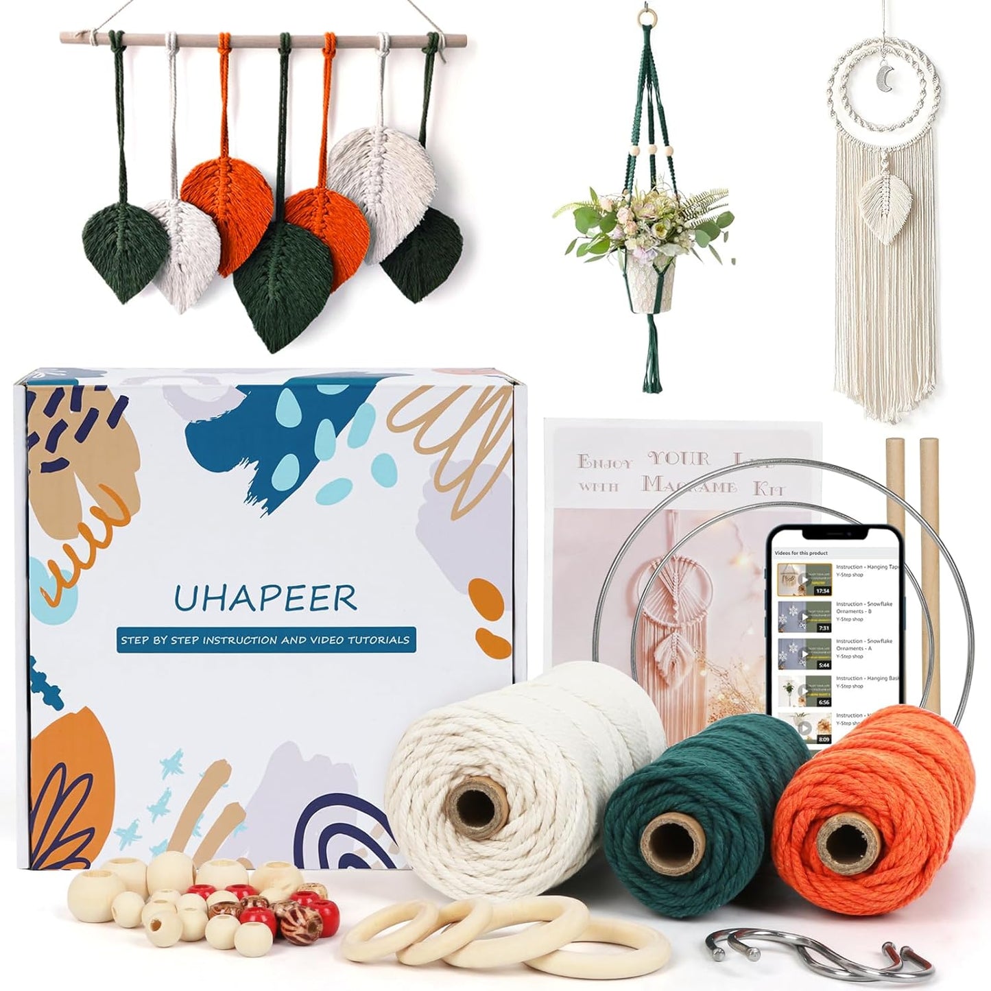 Macrame Kits for Adults Beginners with 656 Feet 3 Mm Macrame Cotton Cord, DIY Macrame Plant Hanger Kit with Macrame Supplies and Instructions, Macrame Meads, Wooden Rings, Dream Catcher Rings