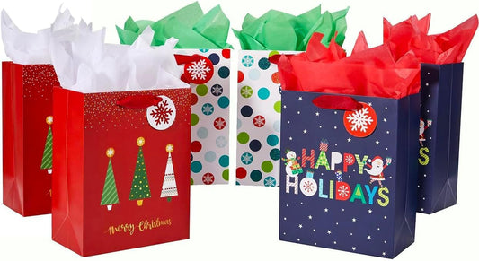 6 Pack 9" Small Christmas Gift Bags with Tissue Paper