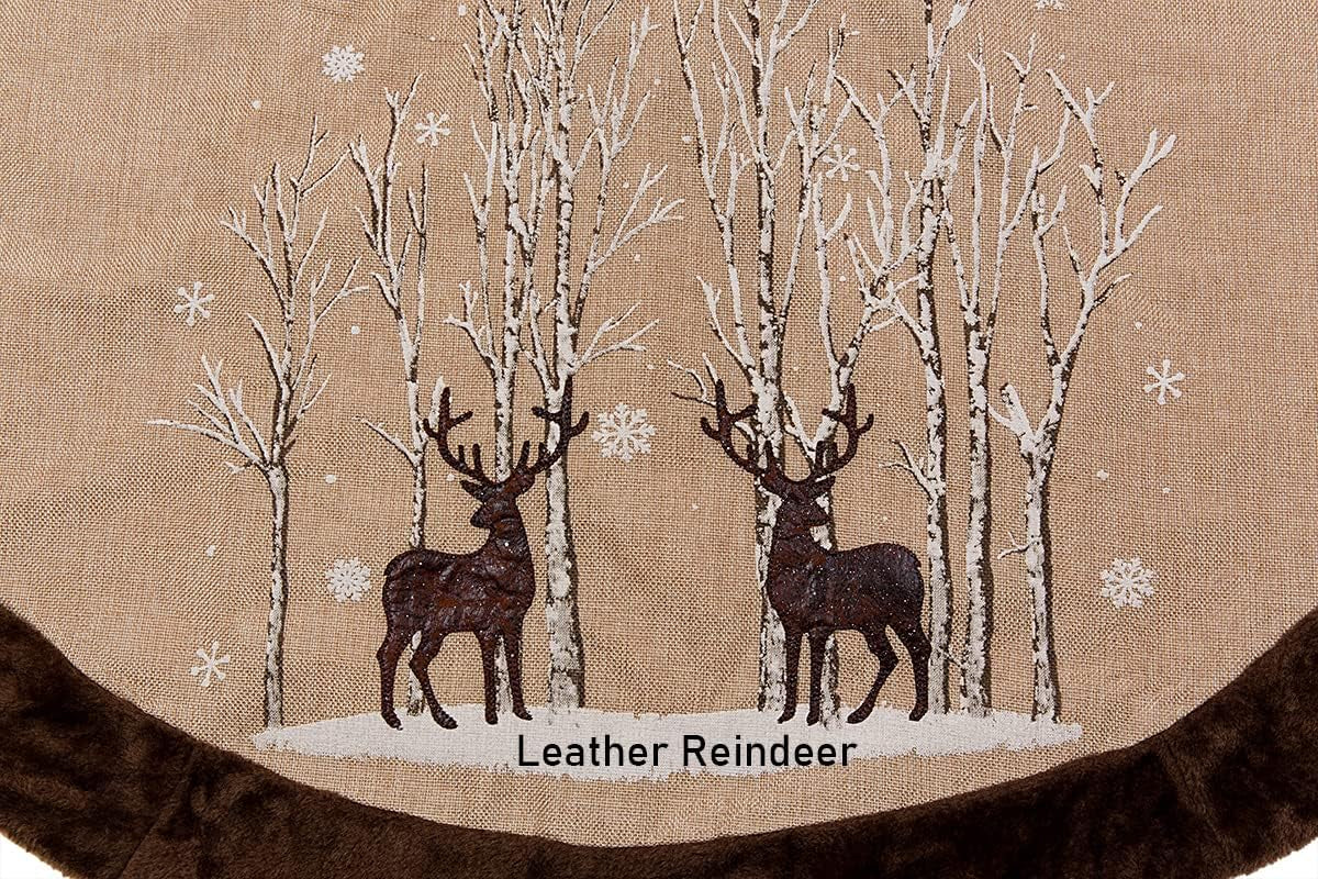 Rustic Deer Tree Skirt 48 Inch with Super Soft Brown Faux Fur Border, Classic Reindeer in Snowy Woodland Country Christmas Tree Skirt 48 Inches