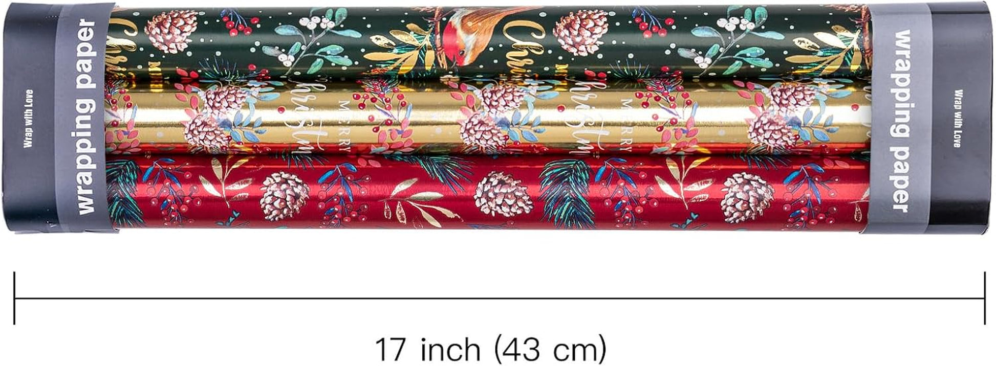 Christmas Wrapping Paper Roll - Mini Roll - 3 Rolls - 17 Inch X 120 Inch per Roll - Bird, Christmas Garland, Holly and Pinecones Holiday Design with Metallic Foil Shine