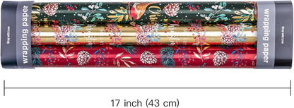 Christmas Wrapping Paper Roll - Mini Roll - 3 Rolls - 17 Inch X 120 Inch per Roll - Bird, Christmas Garland, Holly and Pinecones Holiday Design with Metallic Foil Shine