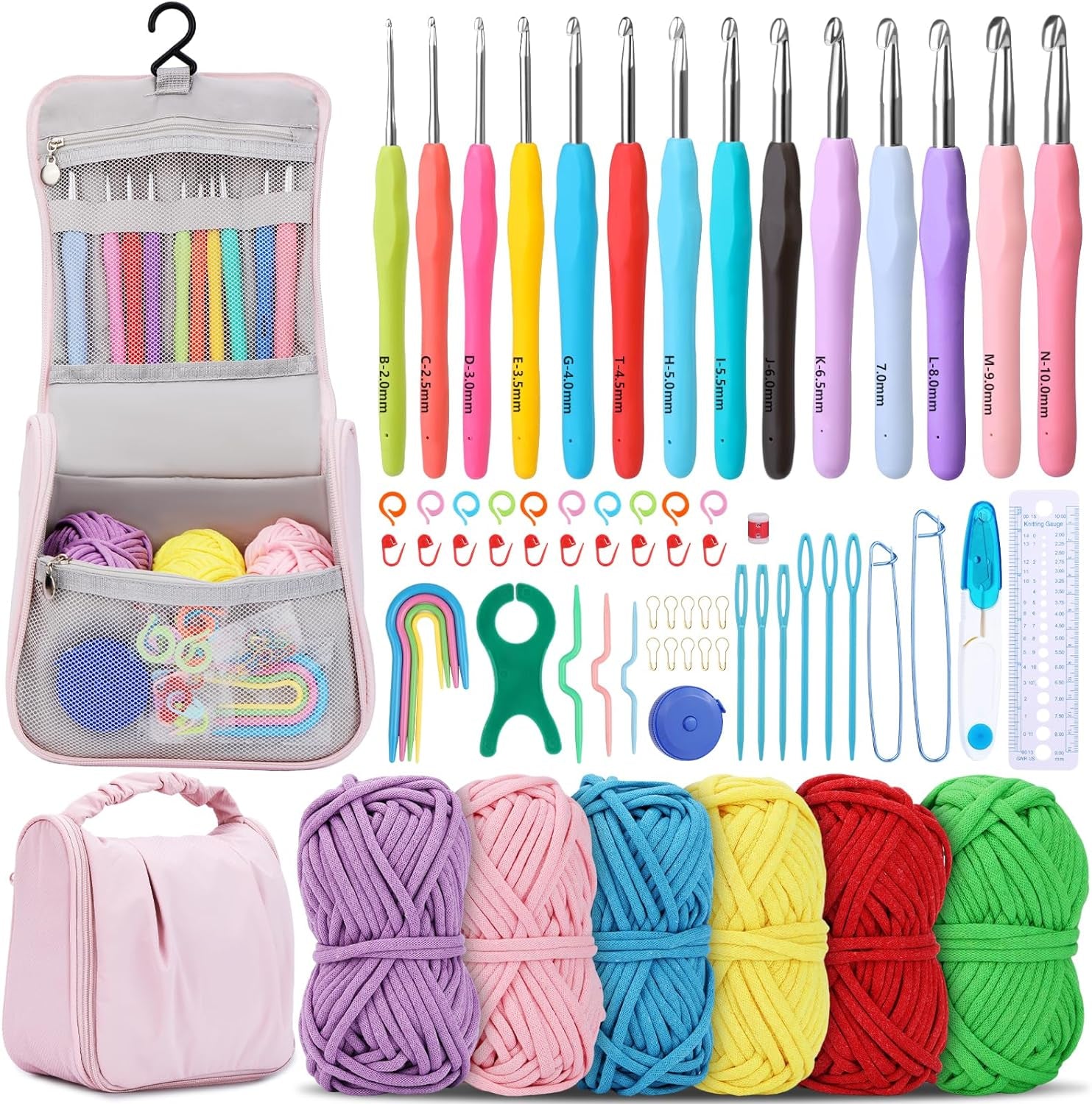 54 Pcs Crochet Needles Set, Crochet Hooks Kit with Storage Case, Ergonomic Knitting Needles Blunt Needles Stitch Marker DIY Hand Knitting Craft Art Tools for Beginners