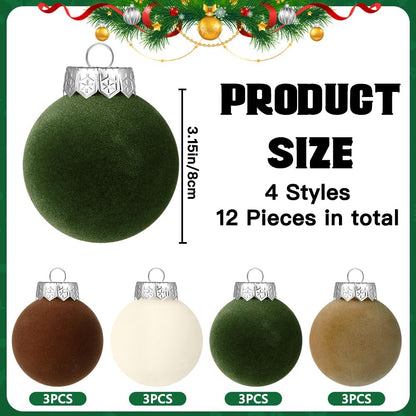 12 PCS Christmas Large Velvet Balls Ornaments 3.14In Shatterproof White Green Tree Hanging Plastic Ball Set Xmas Bulk Flocked Ornaments for Christmas Tree Home Party Wreath Decorations