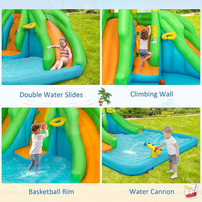 Inflatable Water Slide, 6 in 1 Kids Bouncer Water Park W/Climbing Wall & 2 Long Slides, Splash Pool, Water Cannons, Indoor Outdoor Blow up Water Slides for Backyard(With 480W Blower)
