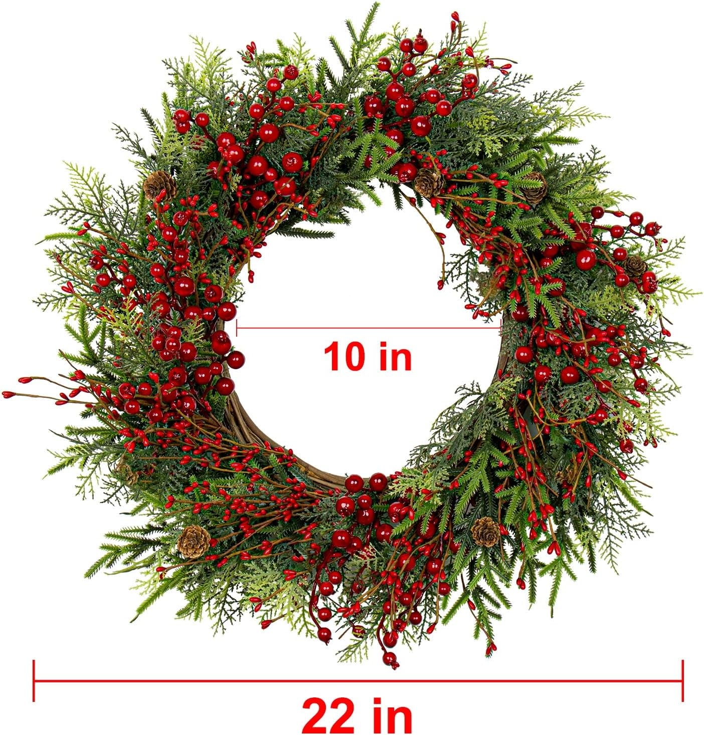 Artificial Christmas Wreath 22 Inch Christmas Wreaths for Front Door Large Winter Wreath with Pine Cones White Berries for Outdoor Indoor Holiday Xmas Celebration (White)