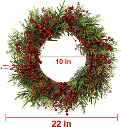 Artificial Christmas Wreath 22 Inch Christmas Wreaths for Front Door Large Winter Wreath with Pine Cones White Berries for Outdoor Indoor Holiday Xmas Celebration (White)