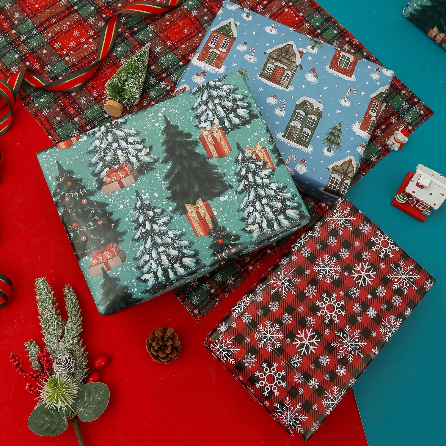 Christmas Wrapping Paper for Kids Boys Girls Man Women Holiday Party. 6 Large Sheets Gift Wrap 3 Vintage Designs, Red & Black Plaid with Snowflake, Pine and Gifts,26.7 Inch X 37Inch per Sheet