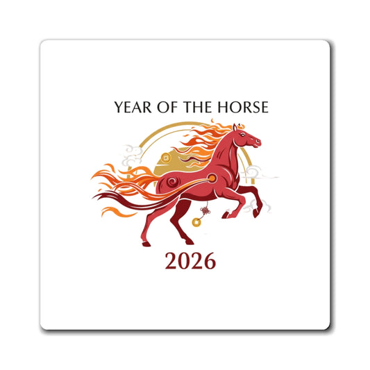 Year of the Horse 2026 Fire Horse | Lunar New Year Magnets for Fridge & Locker | CNY Family & Teacher Gift | Red Gold Brush Art