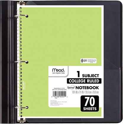 Spiral Notebooks, 6 Pack, 1-Subject, College Ruled Paper, 8" X 10-1/2", 70 Sheets, Assorted Pastel Colors (830049)