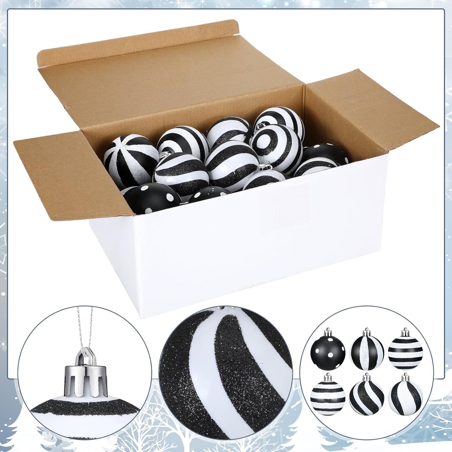 24 Pcs Christmas Black and White Ball 2.36 Inch Stripe Dot Hanging Xmas Ball Plastic Black Christmas Ornaments Christmas Decorations for Home and Holiday Party Christmas Trees Accessories