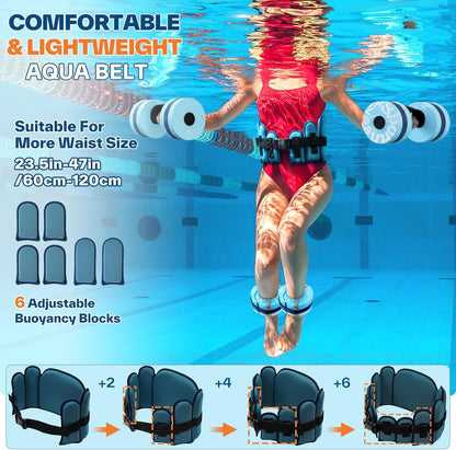 Water Aerobics Pool Exercise Equipment:  Water Workout Combo Set Includes High Density Water Dumbbell Aqua Belt Water Ankle Weights for Aquatic Therapy Pool Fitness Water Exercise