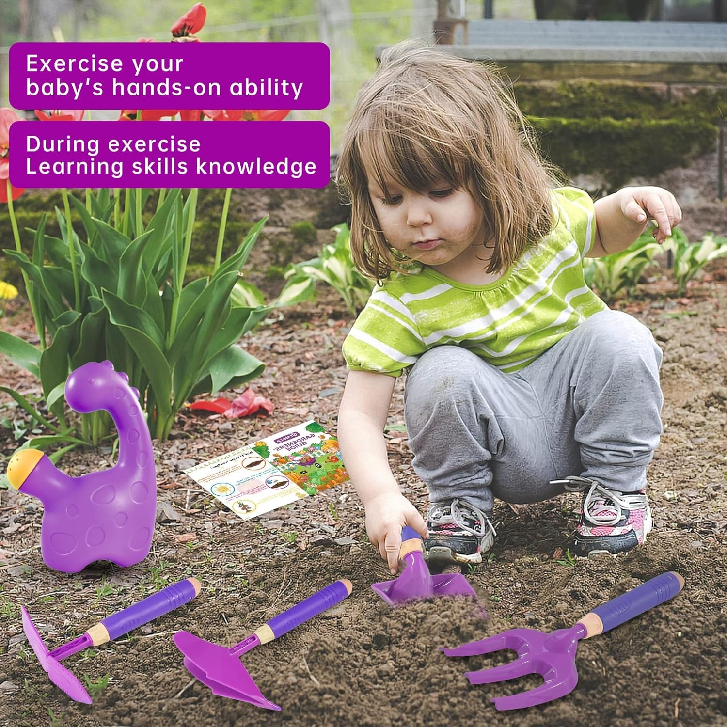 16Pcs Kids Gardening Tools Outdoor Toys Set Backyard Play with 93 PCS DIY Kids Flower Garden Building Preschool Activities (Purple)