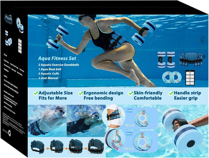 Water Aerobics Pool Exercise Equipment:  Water Workout Combo Set Includes High Density Water Dumbbell Aqua Belt Water Ankle Weights for Aquatic Therapy Pool Fitness Water Exercise