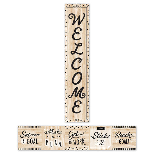 Black, White, and Wood Welcome Banner, 8" x 39"