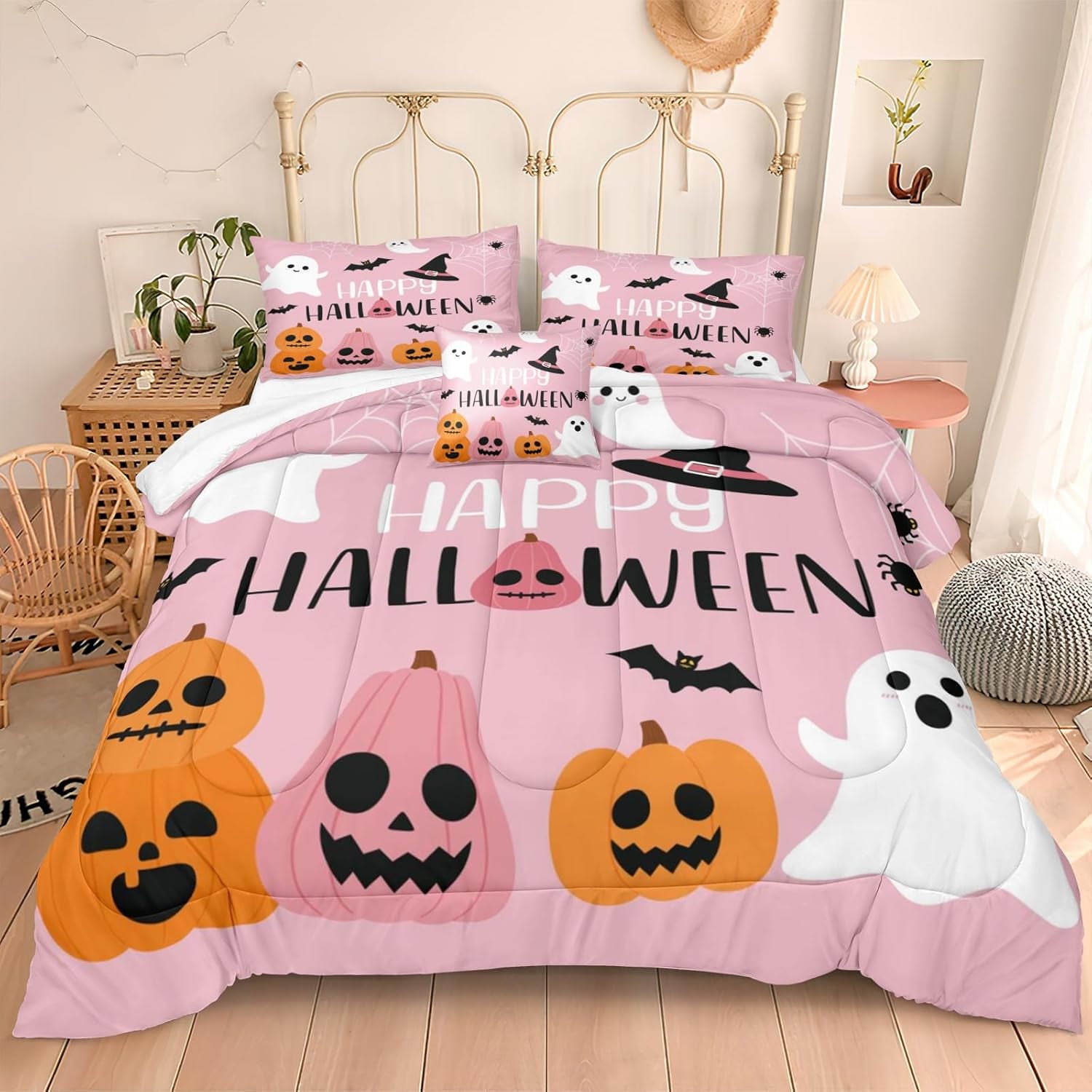 Pumpkin Ghost Comforter Set Girls Pink Halloween Bedding Set Orange Pumpkin White Ghost Bat Spider Cute Cartoon Bedding Kids Teens Happy Halloween Bed Set King Size