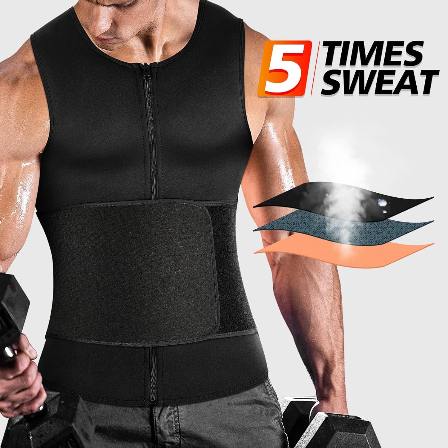 Mens Sweat Sauna Vest for Waist Trainer Zipper Neoprene Tank Top, Adjustable Sauna Workout Zipper Suit