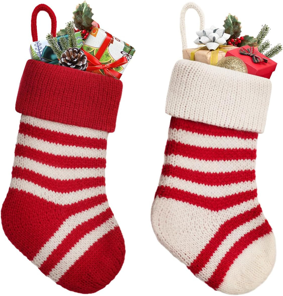 2Pcs Knited Christmas Stockings 8'' Red White Strips Chirstmas Stockings Small for Holiday Hanging Decor on Fireplace Shelf Christmas Home Decroation