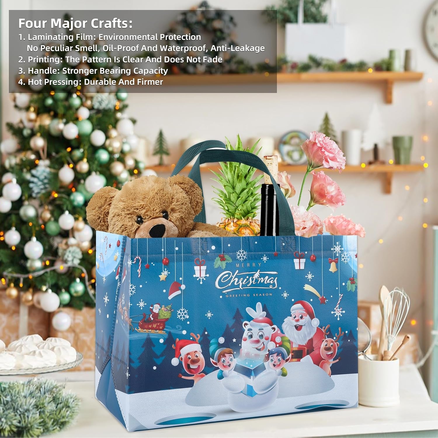 Christmas Gift Bags,9 Pcs Christmas Tote Bags with Handles for Shopping,Grocery Bags,Gifts Wrapping,Christmas Party Supplies Decorations,12.7"*9.8"*6.7" Reusable Gift Bags.