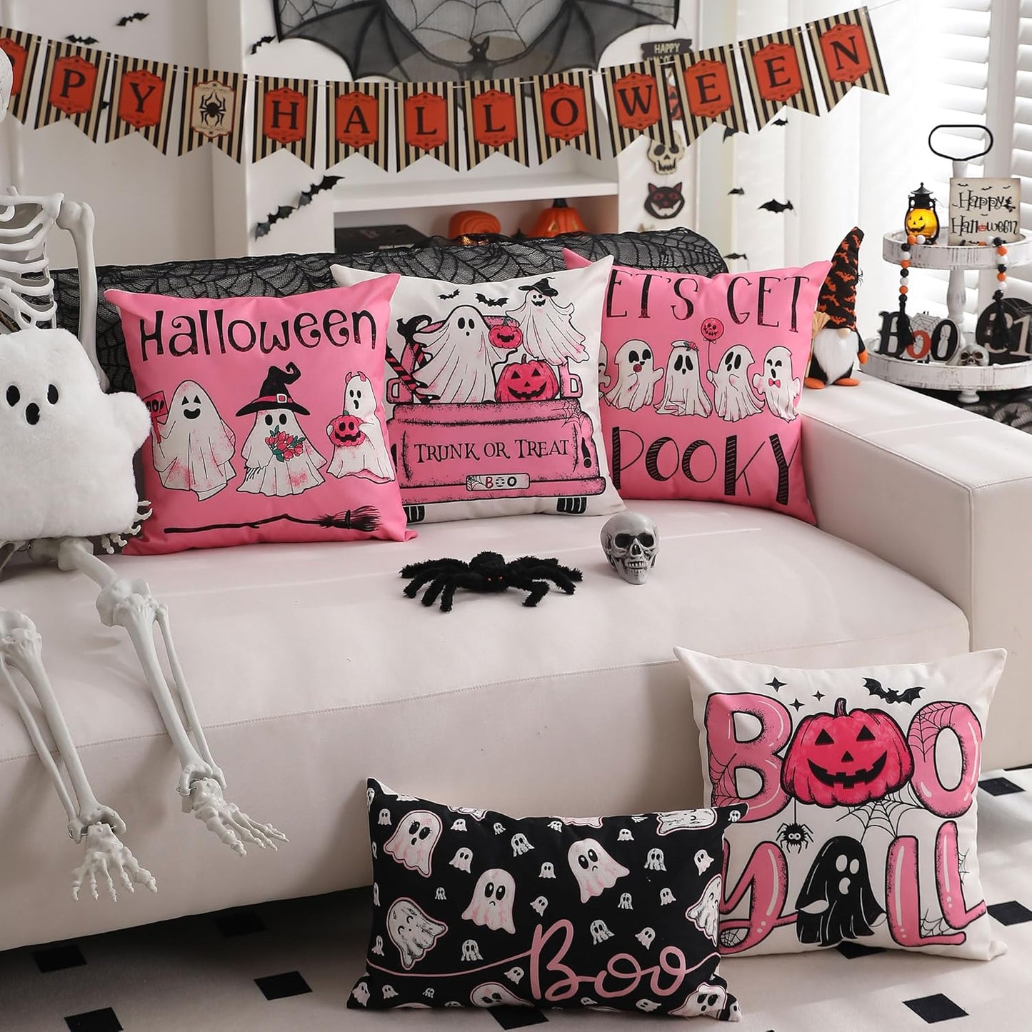 Halloween Pillow Covers 18X18 Inch Set of 4 Black and White Ghost Pumpkins Truck Decoration Pink Halloween Pillow Covers Decor for Sofa Bed Outdoor Car 094