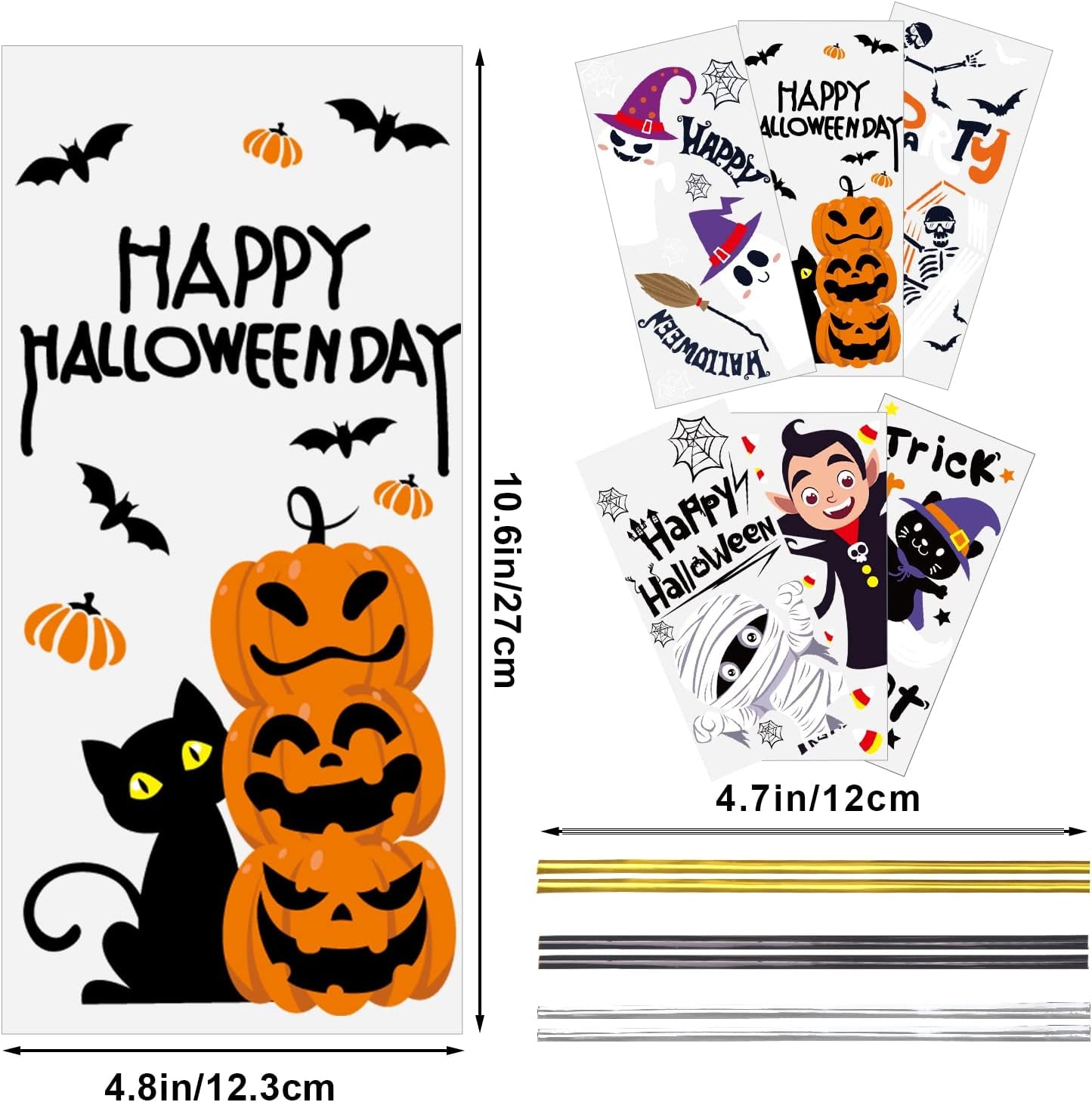 Halloween Cellophane Treat Bags, 120Pcs Plastic Clear Candy Bags Pumpkin Ghost and Halloween Goody Bags with 150 Twist Ties for Kids Halloween Trick or Treat Party Favors