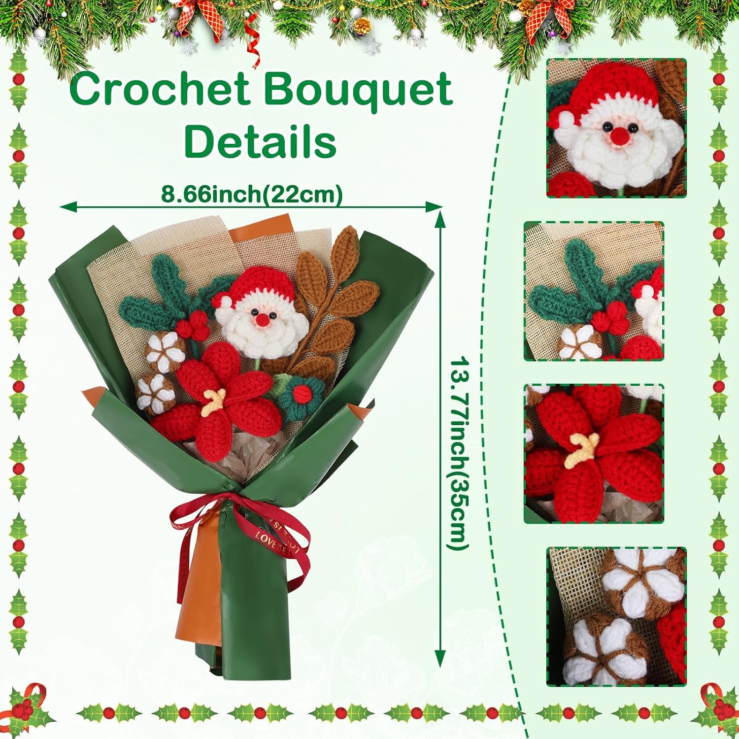 Christmas Santa Claus Crochet Flower Bouquet, Handmade Santa Berry Knitting Flowers Xmas Crochet Bouquet with Exquisite Wrap for Home Wedding Decor Birthday