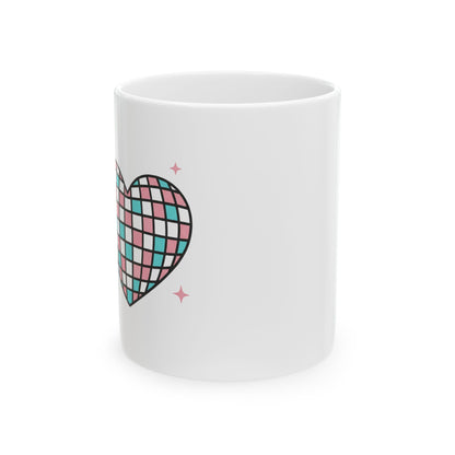 Disco Ball Heart Mug | 11oz Ceramic Coffee Cup, Sparkly Aesthetic | Galentine’s & Valentine Gift for Friends | Y2K Retro