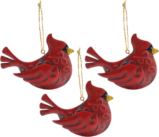 Auldhome Tin Cardinal Christmas Ornaments (Set of 3); Primitive 3D Galvanized Christmas Tree Decorations in Vintage Style