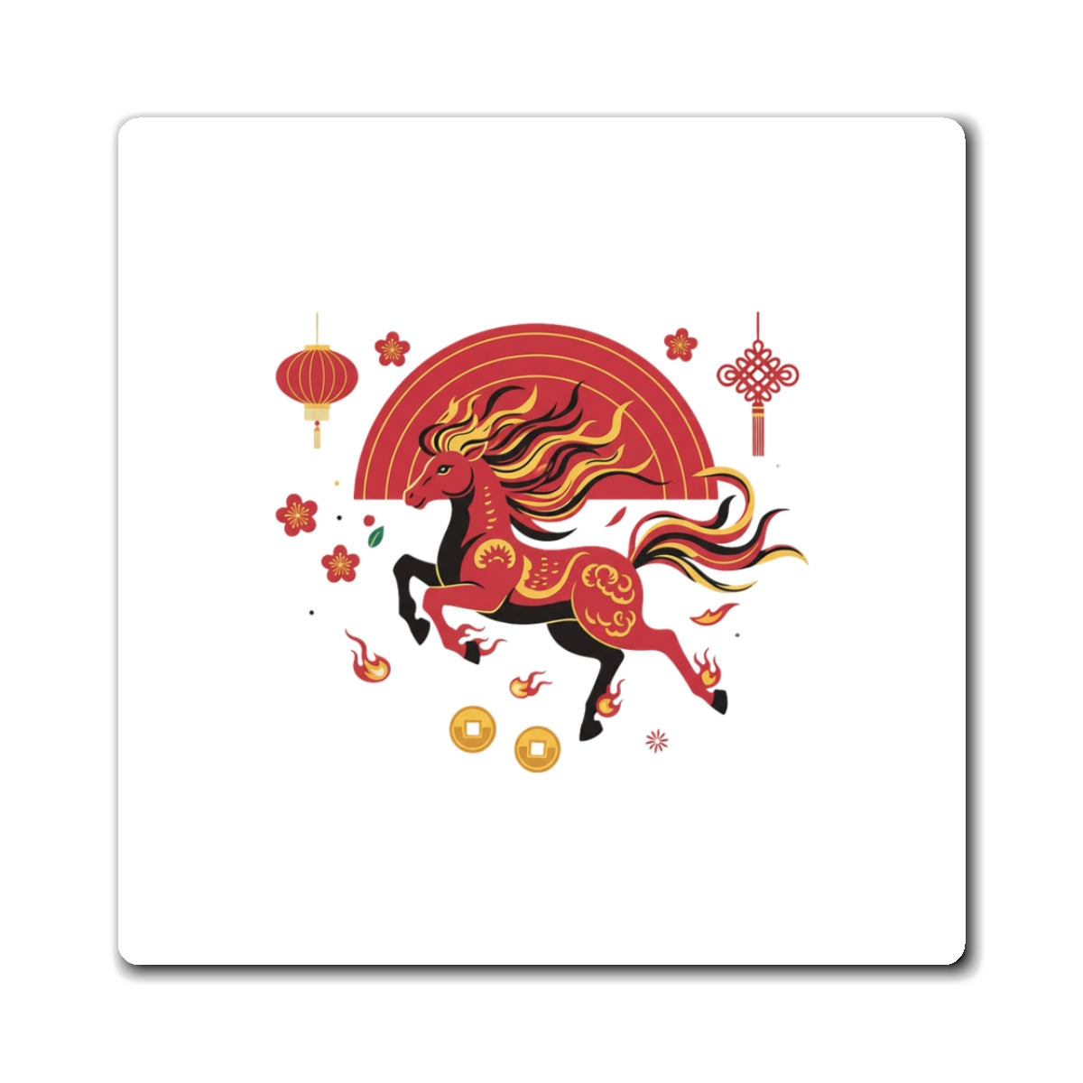 Dragon Horse Dance | Fire Horse Lunar New Year Magnet Set | CNY Family & Teacher Gift | Red Gold Paper-Cut Style