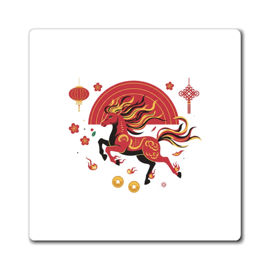 Dragon Horse Dance | Fire Horse Lunar New Year Magnet Set | CNY Family & Teacher Gift | Red Gold Paper-Cut Style