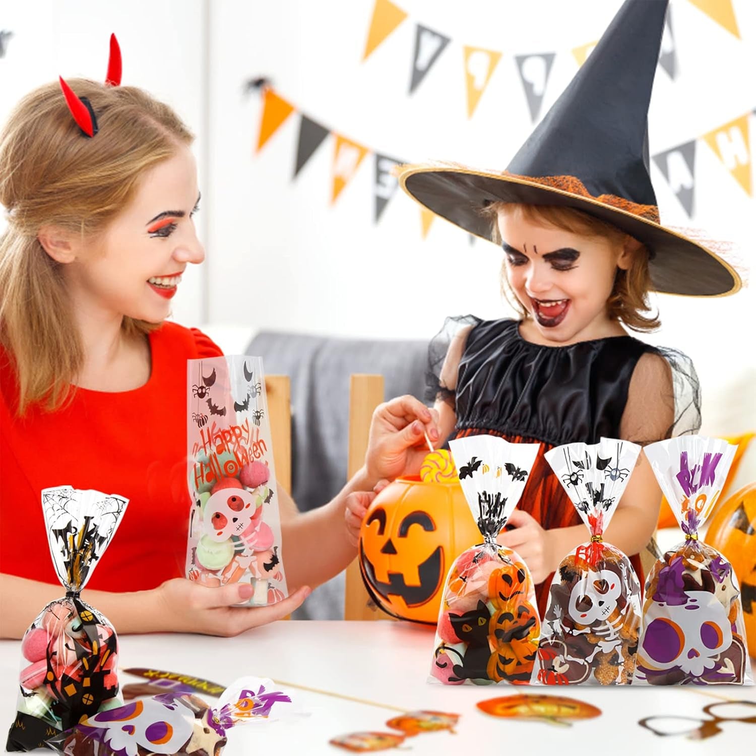 180 Pack Halloween Cellophane Treat Bags, Plastic Goodie Candy Bag